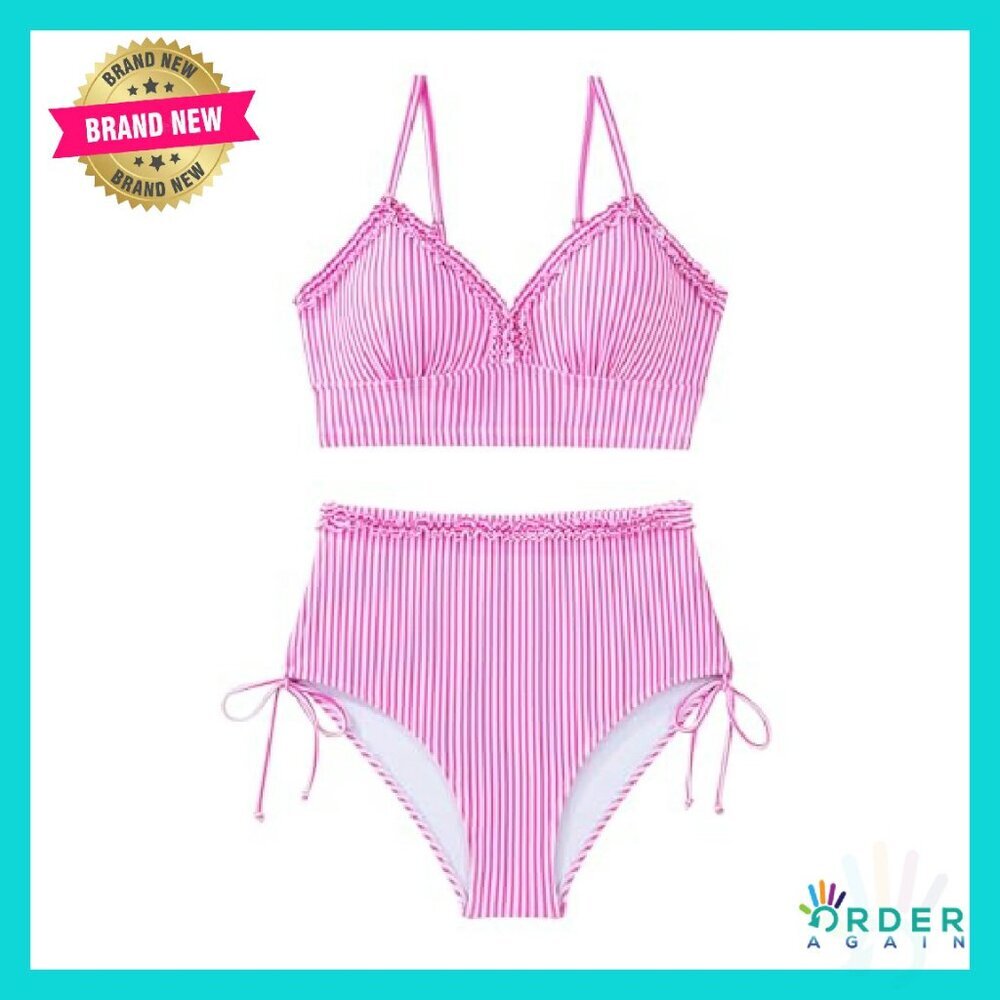 Women's High Waisted Bikini Set Ruffle Trim Adjustable Straps Chic Beachwear - Picture 6 of 8